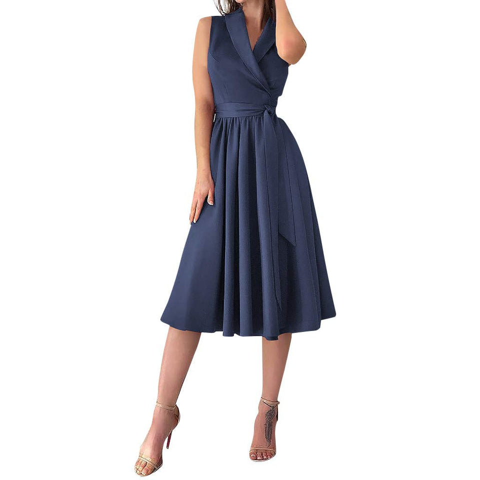 NDGDA Vestido con cinturón para Mujer, Sexy, sin Mangas, con Lazo, para Verano, Playa, Botones