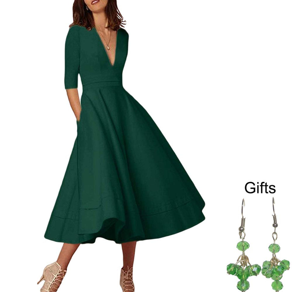 ilovgirl Vestido de Cóctel de Las Mujeres Elegante Profundo Cuello V Alta Cintura Vintage Midi Swing Vestido (M, Verde)