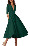 ilovgirl Vestido de Cóctel de Las Mujeres Elegante Profundo Cuello V Alta Cintura Vintage Midi Swing Vestido (M, Verde)