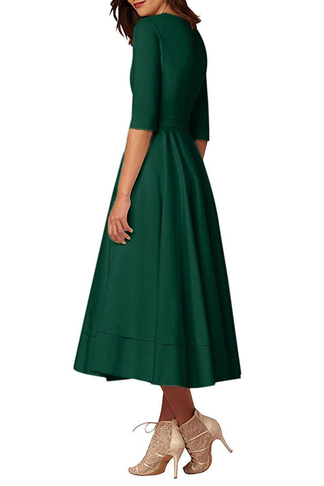 ilovgirl Vestido de Cóctel de Las Mujeres Elegante Profundo Cuello V Alta Cintura Vintage Midi Swing Vestido (M, Verde)