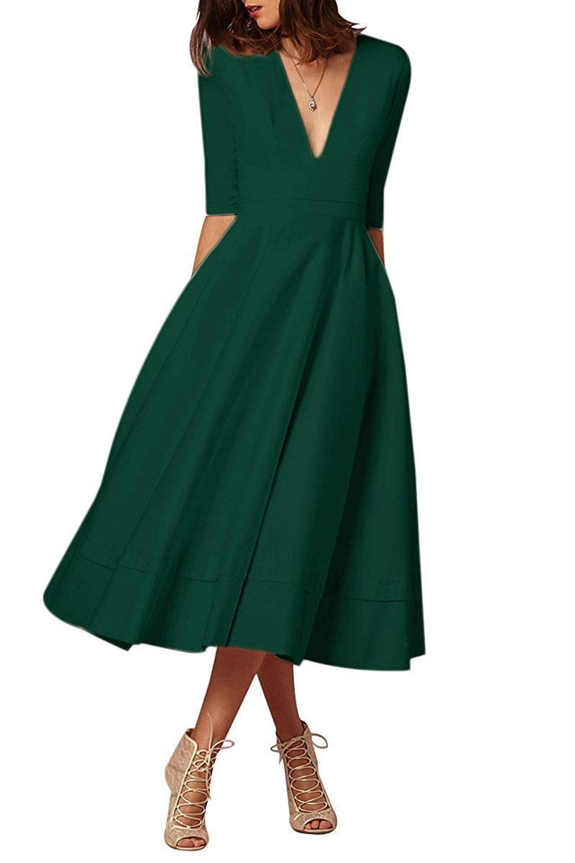 ilovgirl Vestido de Cóctel de Las Mujeres Elegante Profundo Cuello V Alta Cintura Vintage Midi Swing Vestido (M, Verde)