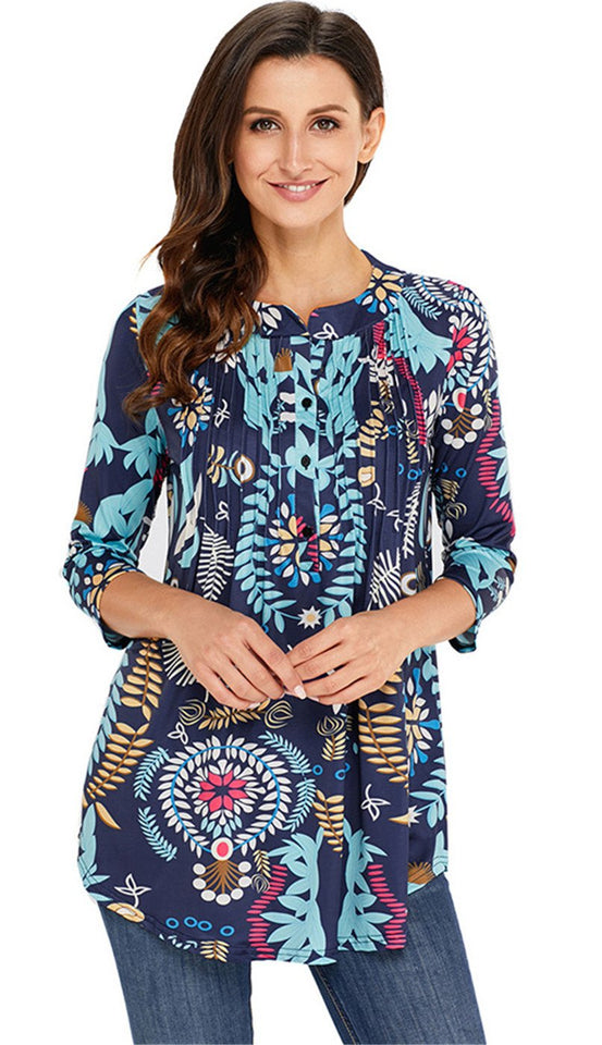 Arctic Cubic Manga 3/4 Sin Cuello Henley Neck Botones Delantera Fruncido Frunces Plisado Blouse Blusón Blusa Camisero Camiseta Camisa Camiseta Playera Peplum Sobrefalda Top