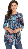 Arctic Cubic Manga 3/4 Sin Cuello Henley Neck Botones Delantera Fruncido Frunces Plisado Blouse Blusón Blusa Camisero Camiseta Camisa Camiseta Playera Peplum Sobrefalda Top