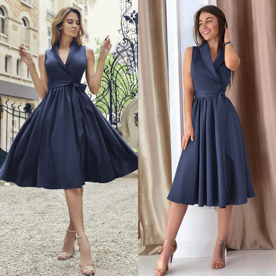 NDGDA Vestido con cinturón para Mujer, Sexy, sin Mangas, con Lazo, para Verano, Playa, Botones