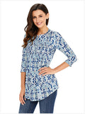 Arctic Cubic Manga 3/4 Sin Cuello Henley Neck Botones Delantera Fruncido Frunces Plisado Blouse Blusón Blusa Camisero Camiseta Camisa Camiseta Playera Peplum Sobrefalda Top