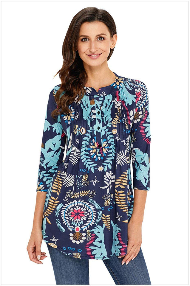 Arctic Cubic Manga 3/4 Sin Cuello Henley Neck Botones Delantera Fruncido Frunces Plisado Blouse Blusón Blusa Camisero Camiseta Camisa Camiseta Playera Peplum Sobrefalda Top