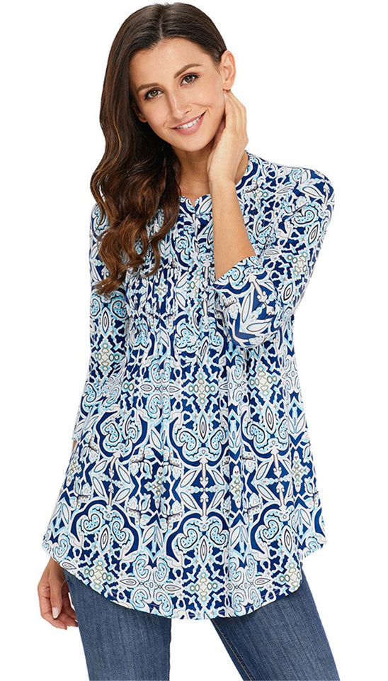 Arctic Cubic Manga 3/4 Sin Cuello Henley Neck Botones Delantera Fruncido Frunces Plisado Blouse Blusón Blusa Camisero Camiseta Camisa Camiseta Playera Peplum Sobrefalda Top