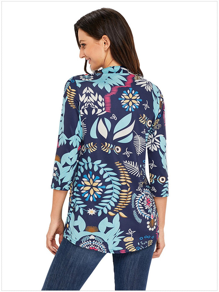 Arctic Cubic Manga 3/4 Sin Cuello Henley Neck Botones Delantera Fruncido Frunces Plisado Blouse Blusón Blusa Camisero Camiseta Camisa Camiseta Playera Peplum Sobrefalda Top