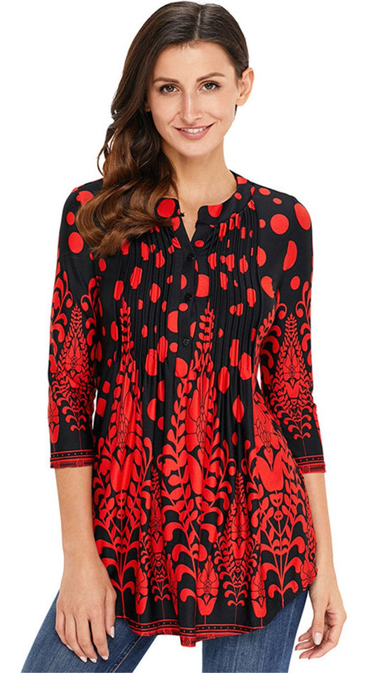 Arctic Cubic Manga 3/4 Sin Cuello Henley Neck Botones Delantera Fruncido Frunces Plisado Blouse Blusón Blusa Camisero Camiseta Camisa Camiseta Playera Peplum Sobrefalda Top