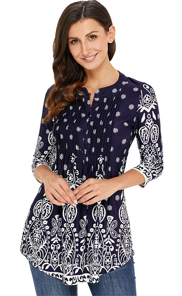 Arctic Cubic Manga 3/4 Sin Cuello Henley Neck Botones Delantera Fruncido Frunces Plisado Blouse Blusón Blusa Camisero Camiseta Camisa Camiseta Playera Peplum Sobrefalda Top