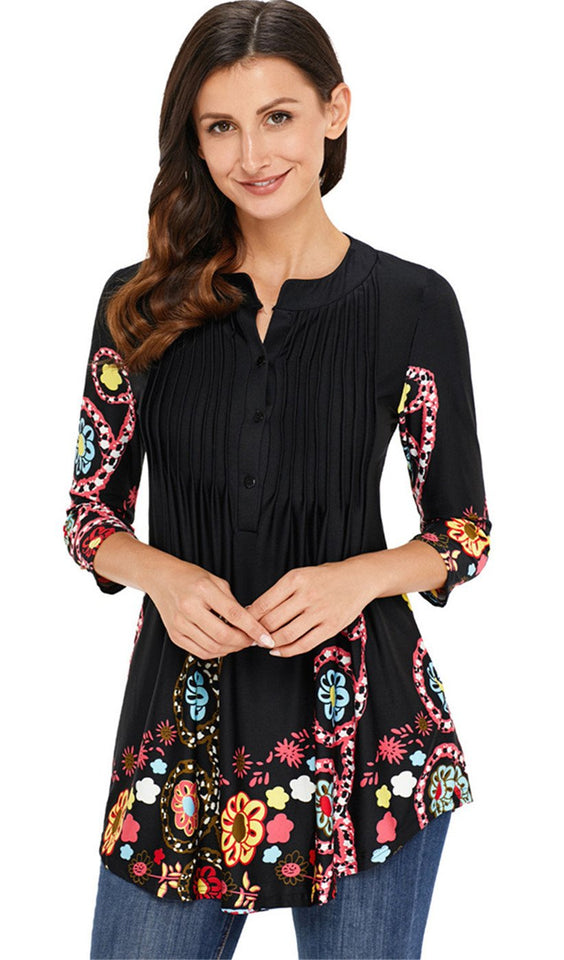 Arctic Cubic Manga 3/4 Sin Cuello Henley Neck Botones Delantera Fruncido Frunces Plisado Blouse Blusón Blusa Camisero Camiseta Camisa Camiseta Playera Peplum Sobrefalda Top