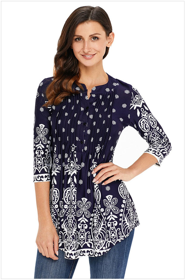 Arctic Cubic Manga 3/4 Sin Cuello Henley Neck Botones Delantera Fruncido Frunces Plisado Blouse Blusón Blusa Camisero Camiseta Camisa Camiseta Playera Peplum Sobrefalda Top