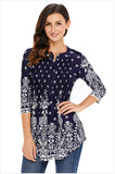 Arctic Cubic Manga 3/4 Sin Cuello Henley Neck Botones Delantera Fruncido Frunces Plisado Blouse Blusón Blusa Camisero Camiseta Camisa Camiseta Playera Peplum Sobrefalda Top