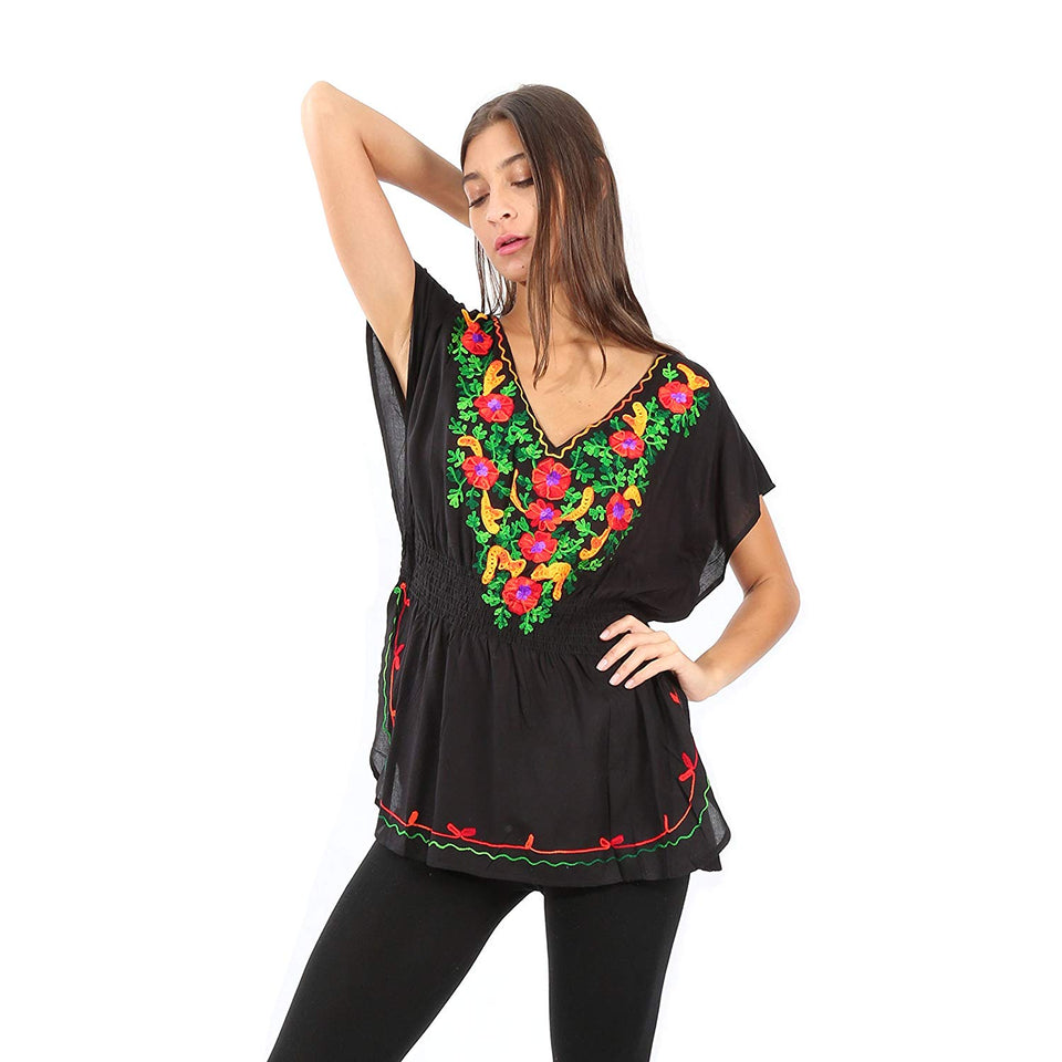 Village Venture Blusa Kaftan Bordado Floral en Escote-Primavera/Verano Mod 20165k