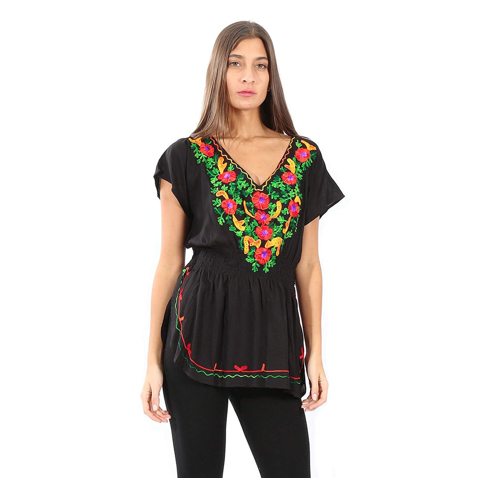 Village Venture Blusa Kaftan Bordado Floral en Escote-Primavera/Verano Mod 20165k