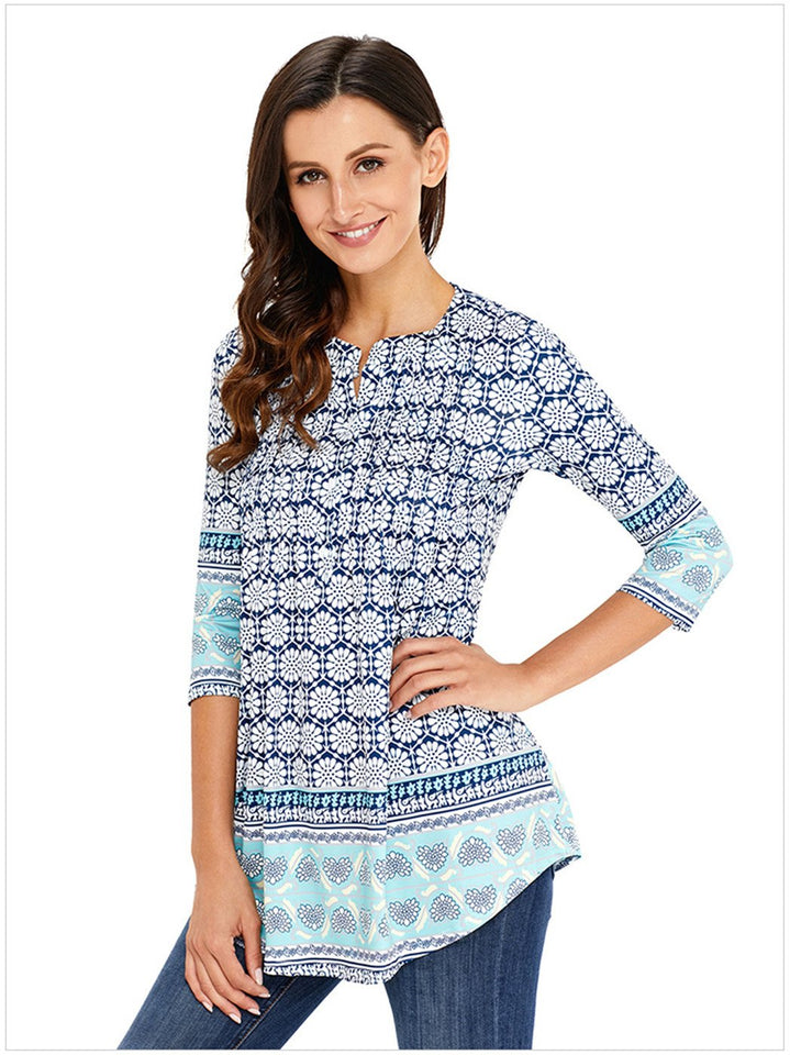 Arctic Cubic Manga 3/4 Sin Cuello Henley Neck Botones Delantera Fruncido Frunces Plisado Blouse Blusón Blusa Camisero Camiseta Camisa Camiseta Playera Peplum Sobrefalda Top
