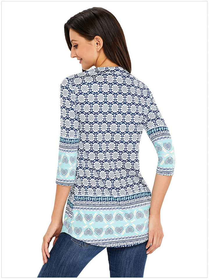 Arctic Cubic Manga 3/4 Sin Cuello Henley Neck Botones Delantera Fruncido Frunces Plisado Blouse Blusón Blusa Camisero Camiseta Camisa Camiseta Playera Peplum Sobrefalda Top