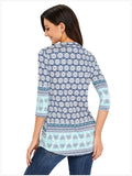 Arctic Cubic Manga 3/4 Sin Cuello Henley Neck Botones Delantera Fruncido Frunces Plisado Blouse Blusón Blusa Camisero Camiseta Camisa Camiseta Playera Peplum Sobrefalda Top