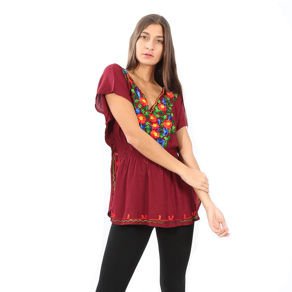 Village Venture Blusa Kaftan Bordado Floral en Escote-Primavera/Verano Mod 20165k