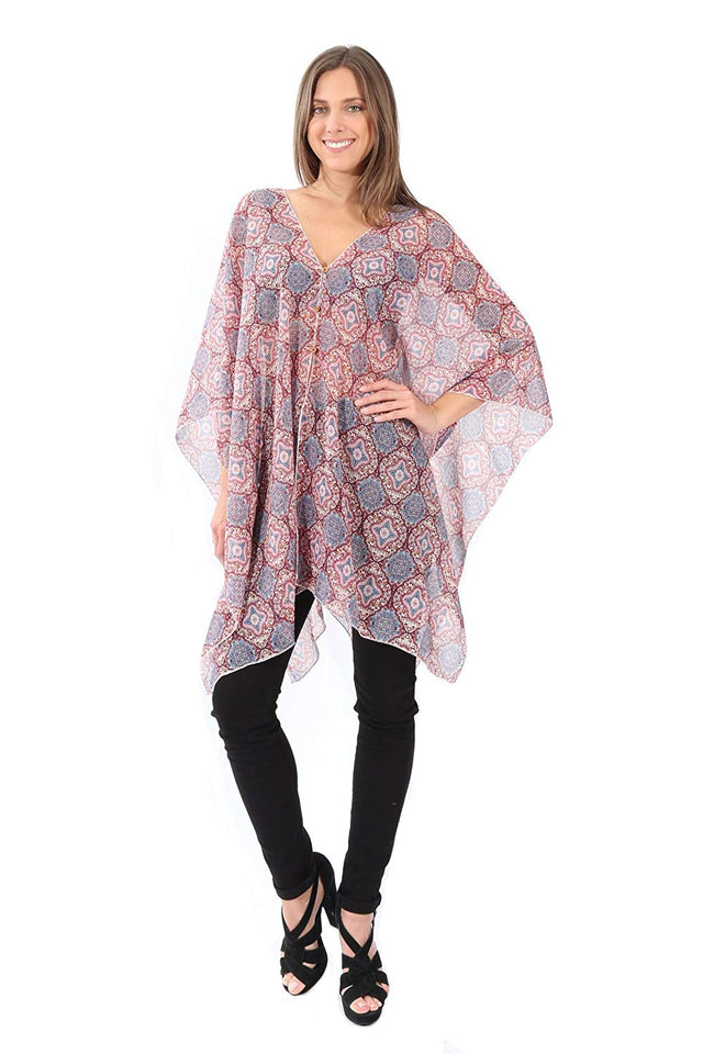 Village Venture Poncho Estampado de Tela Semi Translucida con Botones Unitalla-Mod 2780