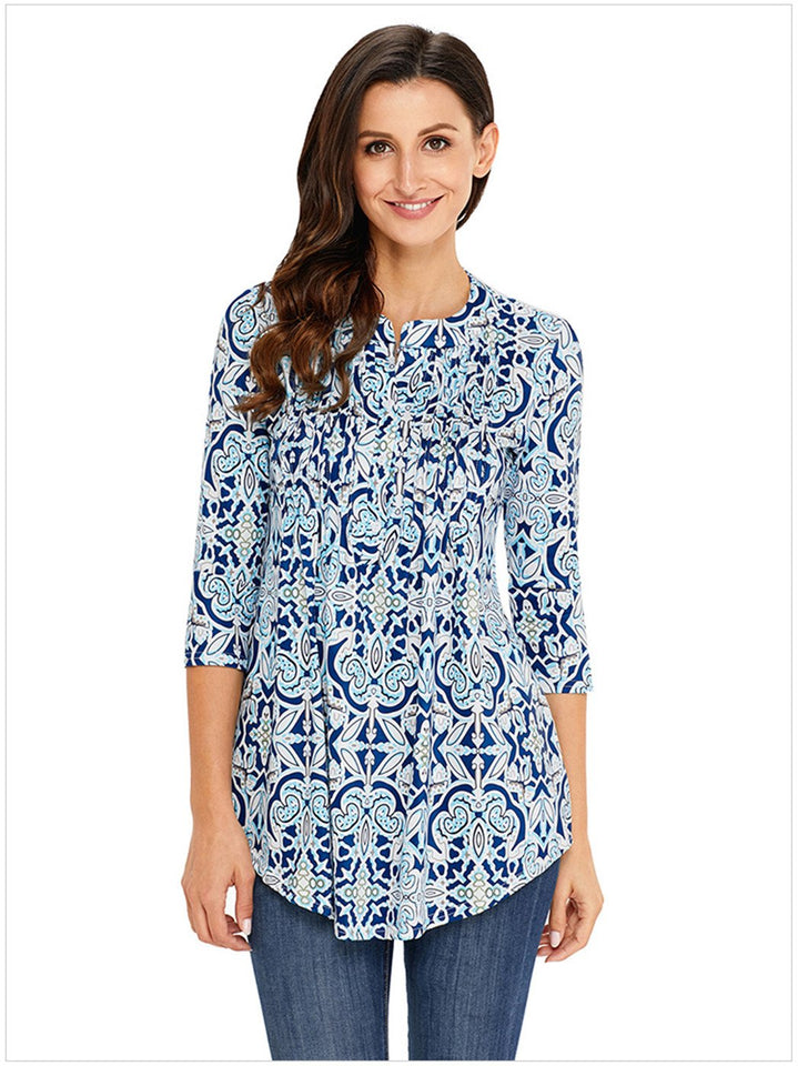 Arctic Cubic Manga 3/4 Sin Cuello Henley Neck Botones Delantera Fruncido Frunces Plisado Blouse Blusón Blusa Camisero Camiseta Camisa Camiseta Playera Peplum Sobrefalda Top