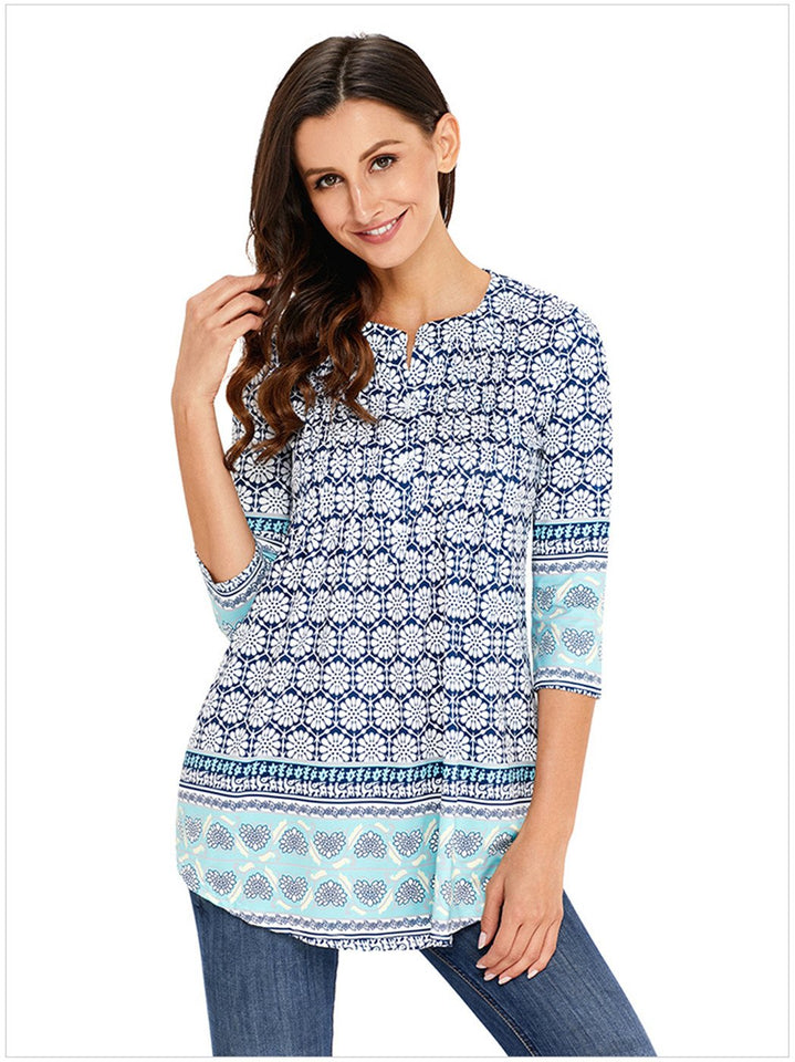 Arctic Cubic Manga 3/4 Sin Cuello Henley Neck Botones Delantera Fruncido Frunces Plisado Blouse Blusón Blusa Camisero Camiseta Camisa Camiseta Playera Peplum Sobrefalda Top