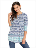 Arctic Cubic Manga 3/4 Sin Cuello Henley Neck Botones Delantera Fruncido Frunces Plisado Blouse Blusón Blusa Camisero Camiseta Camisa Camiseta Playera Peplum Sobrefalda Top